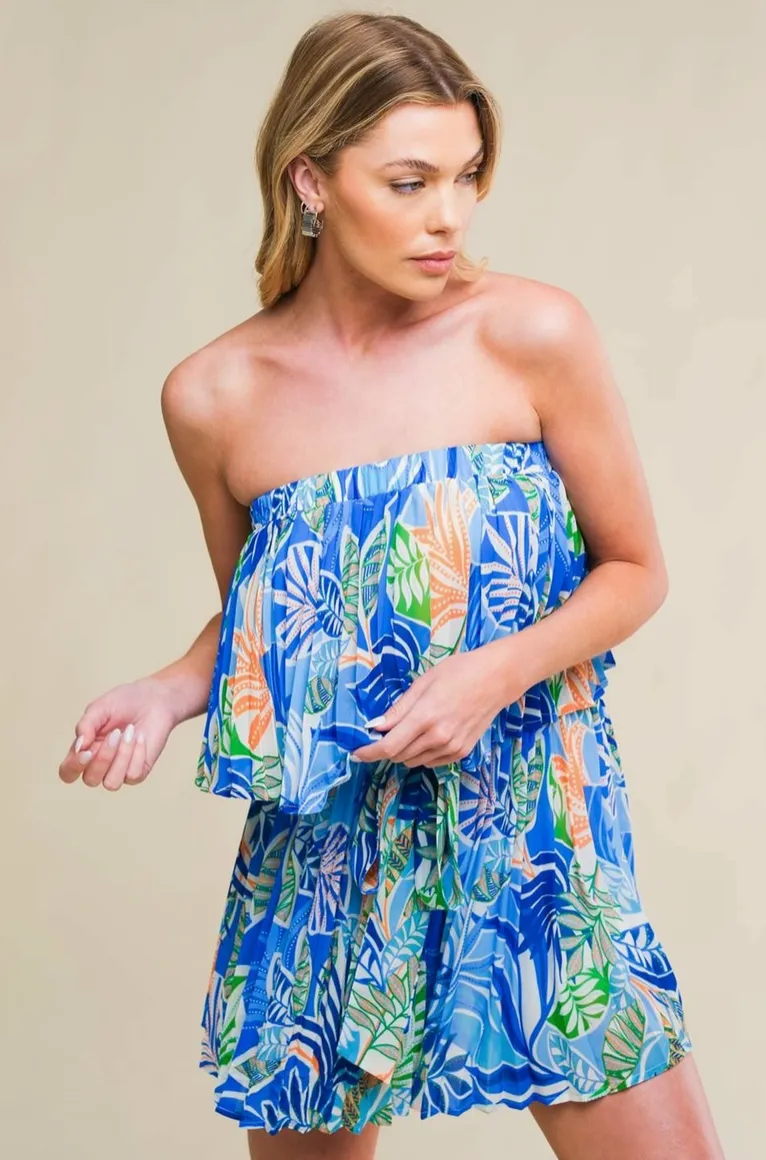 Blue Tropical Strapless Romper