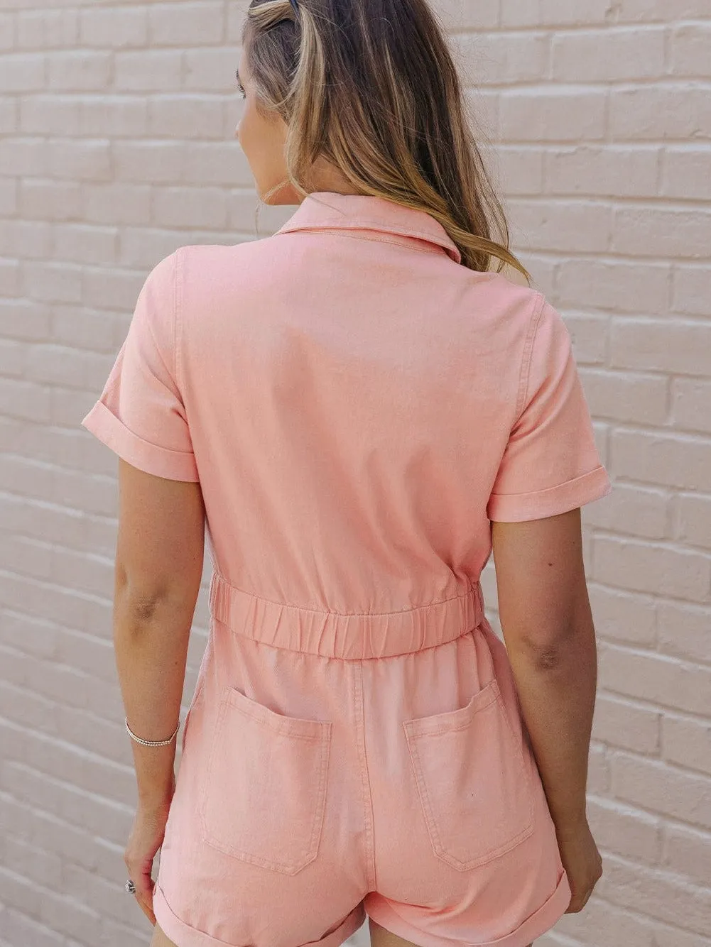 Blush Buttoned Denim Romper with Pockets