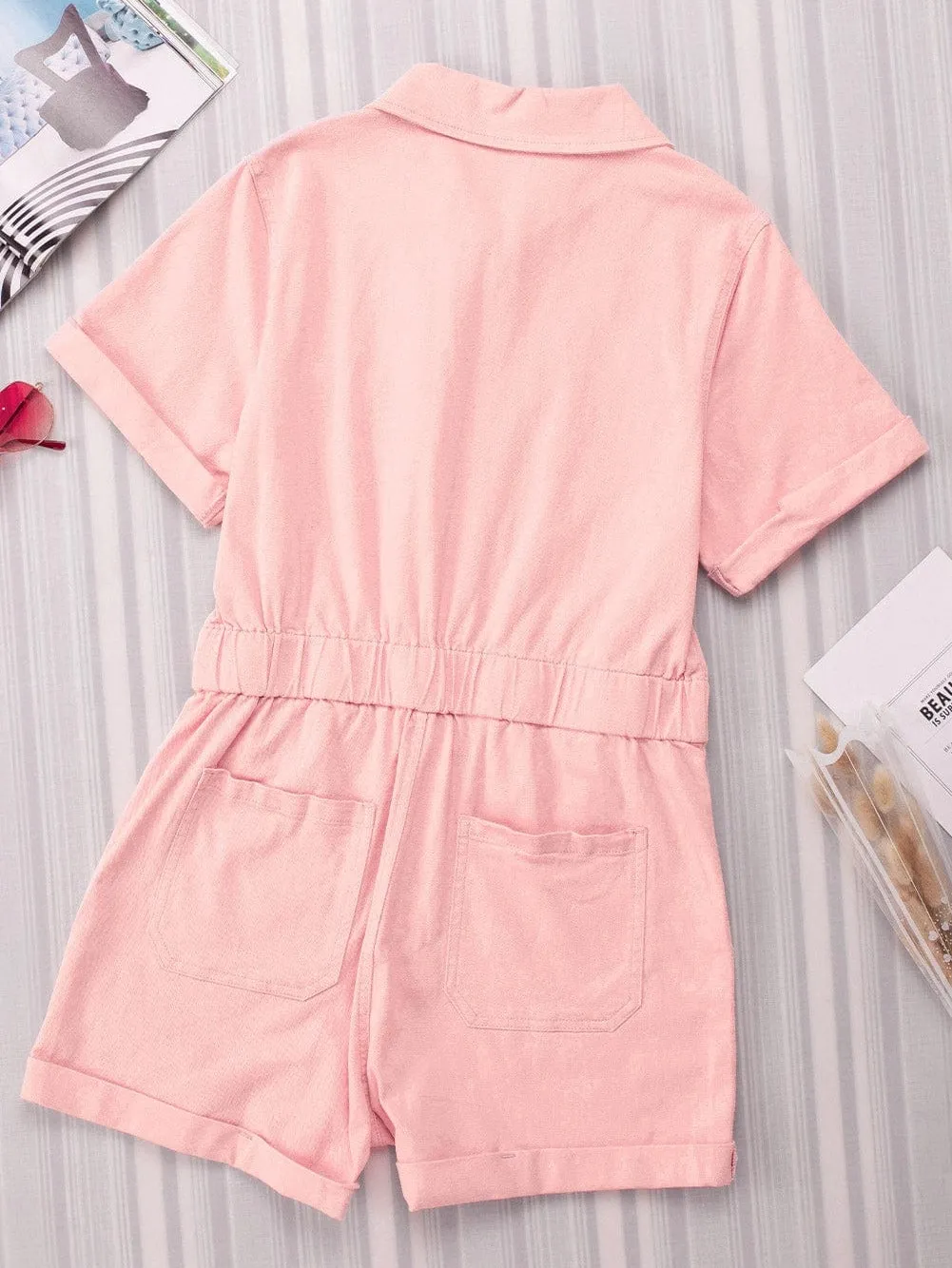 Blush Buttoned Denim Romper with Pockets