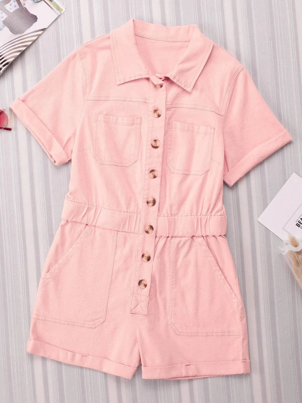 Blush Buttoned Denim Romper with Pockets