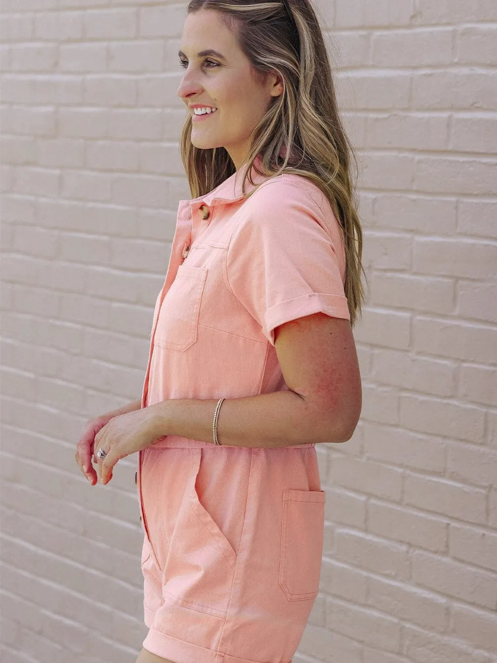 Blush Buttoned Denim Romper with Pockets