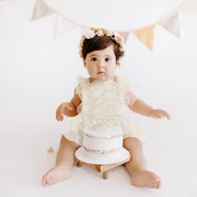 Bohemian Beige or White Lace Baby Dress Romper for Special Occasion, One Year Birthday Cake Smash Outfit Girl