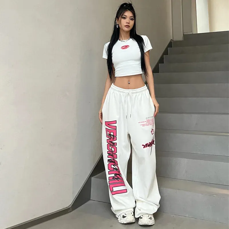 Bonnyshow New Y2K Streetwear White Track Pants Women Harajuku Hippie Wide Leg Sweatpants Oversize Quick Dry Printed Joggers Trousers