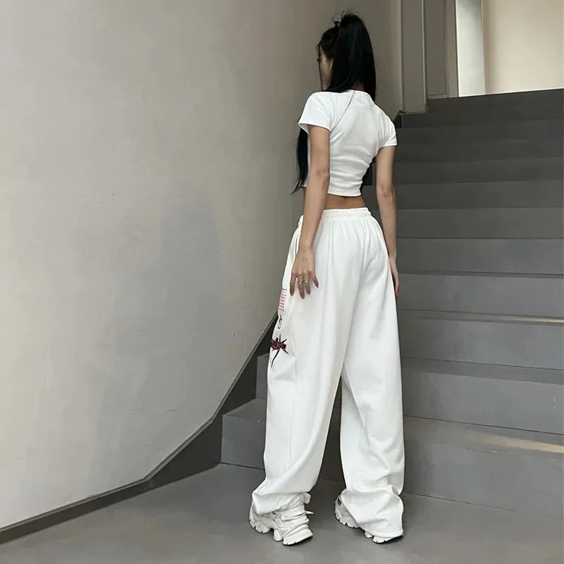 Bonnyshow New Y2K Streetwear White Track Pants Women Harajuku Hippie Wide Leg Sweatpants Oversize Quick Dry Printed Joggers Trousers