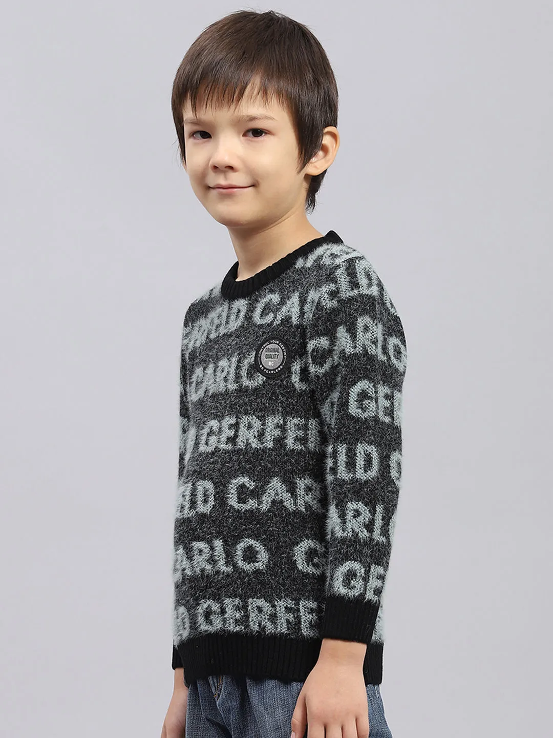 Boys Black Self Design Round Neck Full Sleeve Pullover