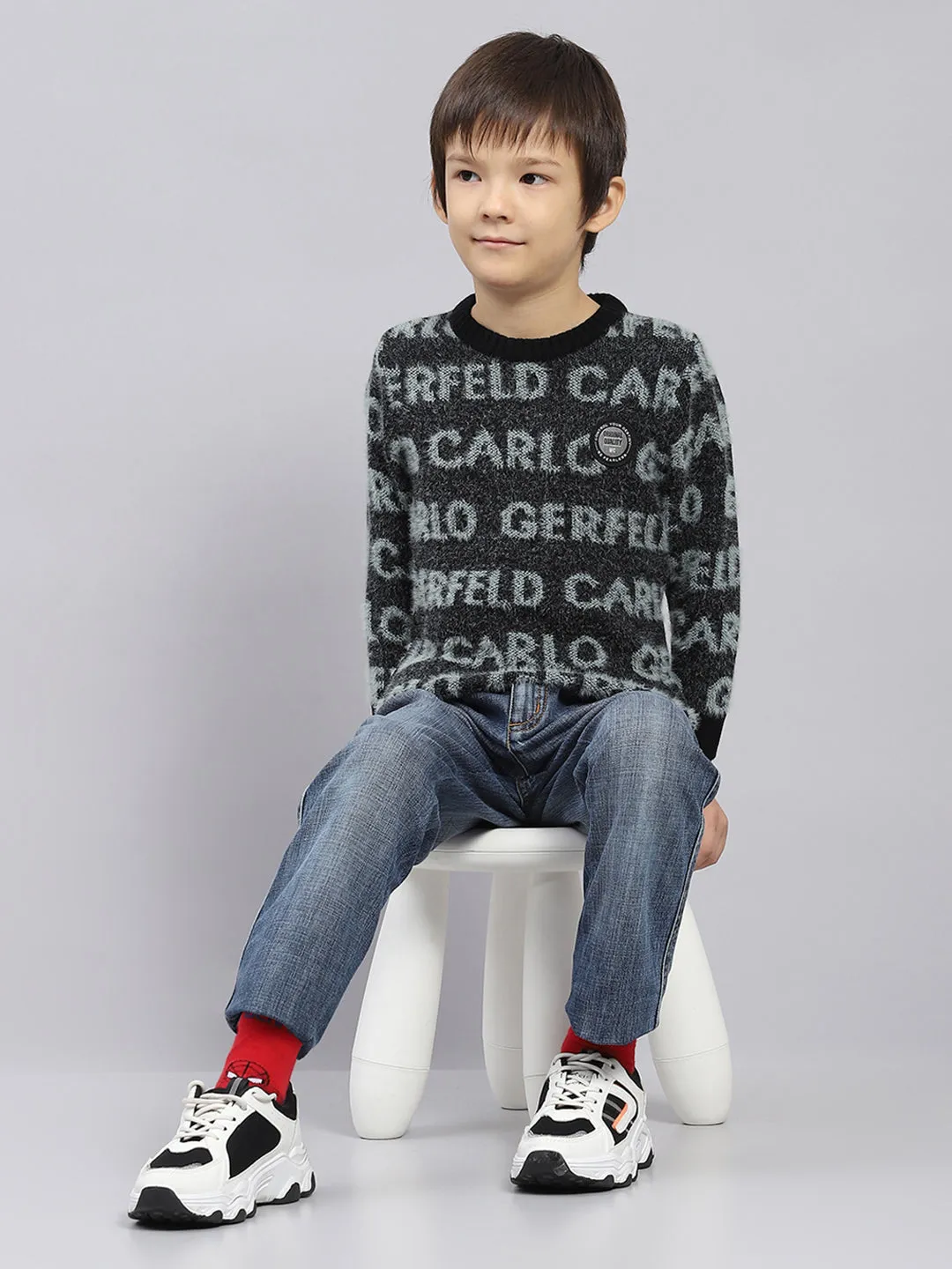 Boys Black Self Design Round Neck Full Sleeve Pullover