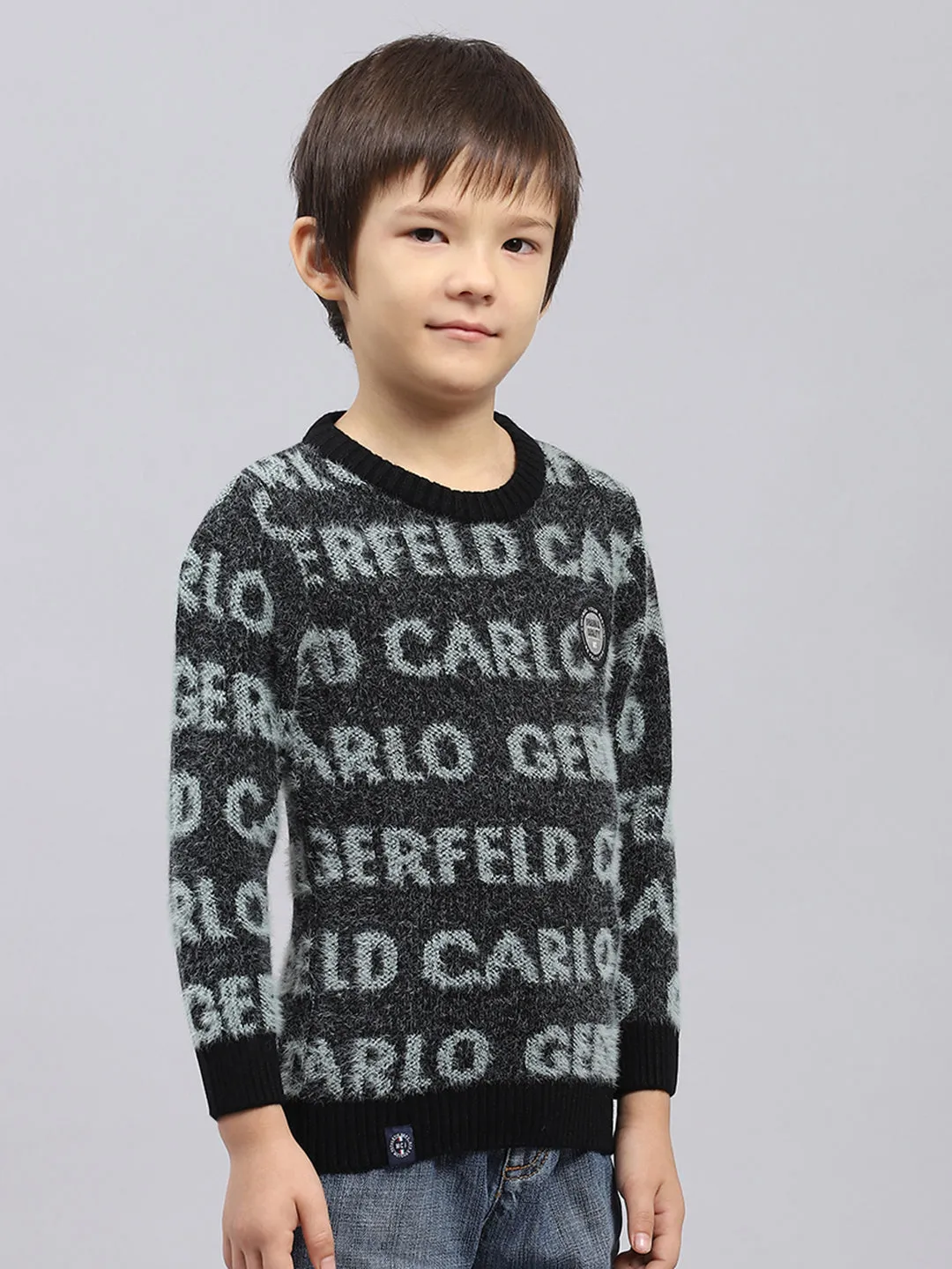 Boys Black Self Design Round Neck Full Sleeve Pullover