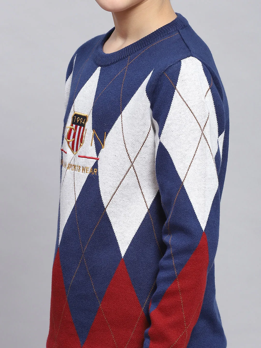 Boys Blue Self Design Round Neck Full Sleeve Sweater