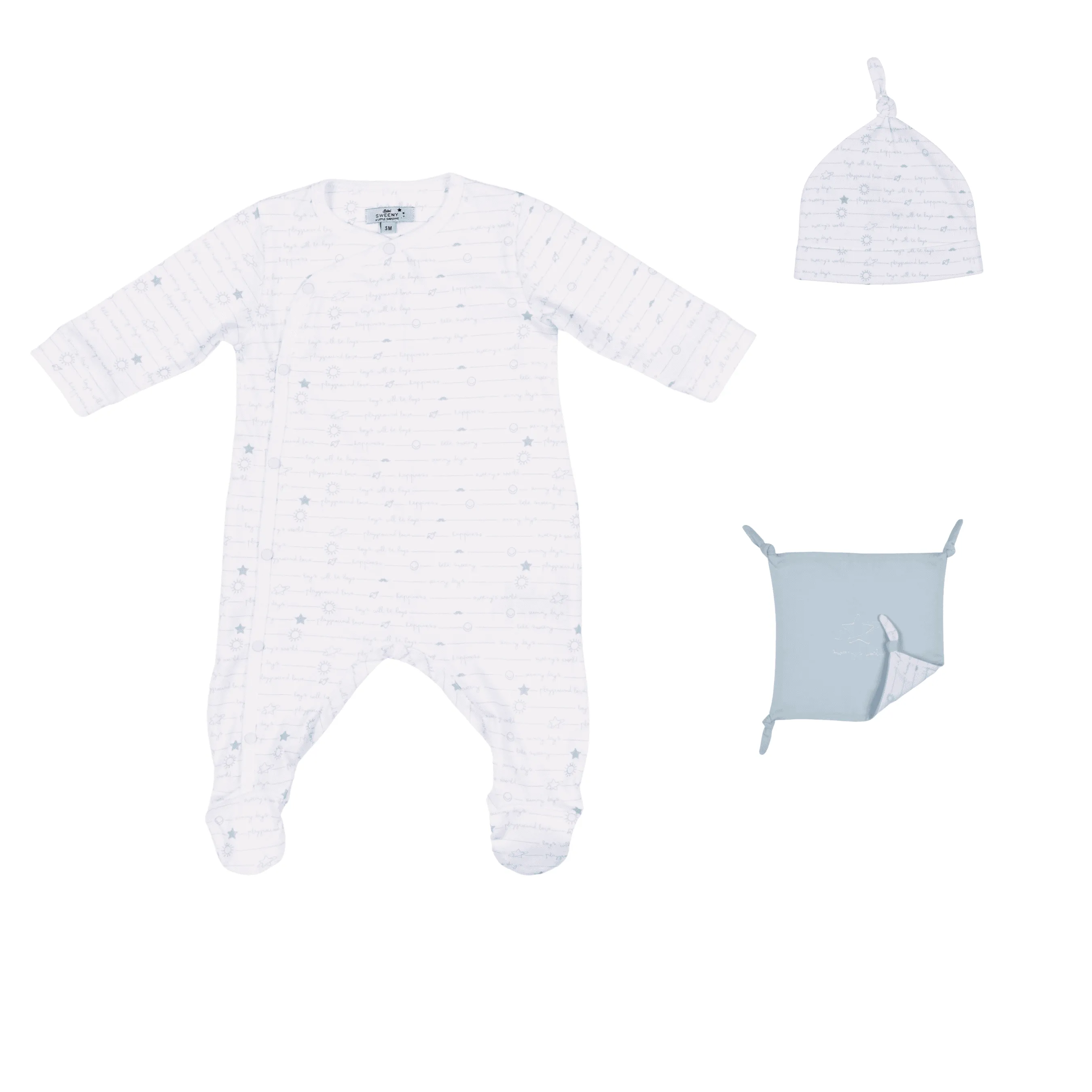 Boys White Jersey Babygrow Set (3) With Blue Prints