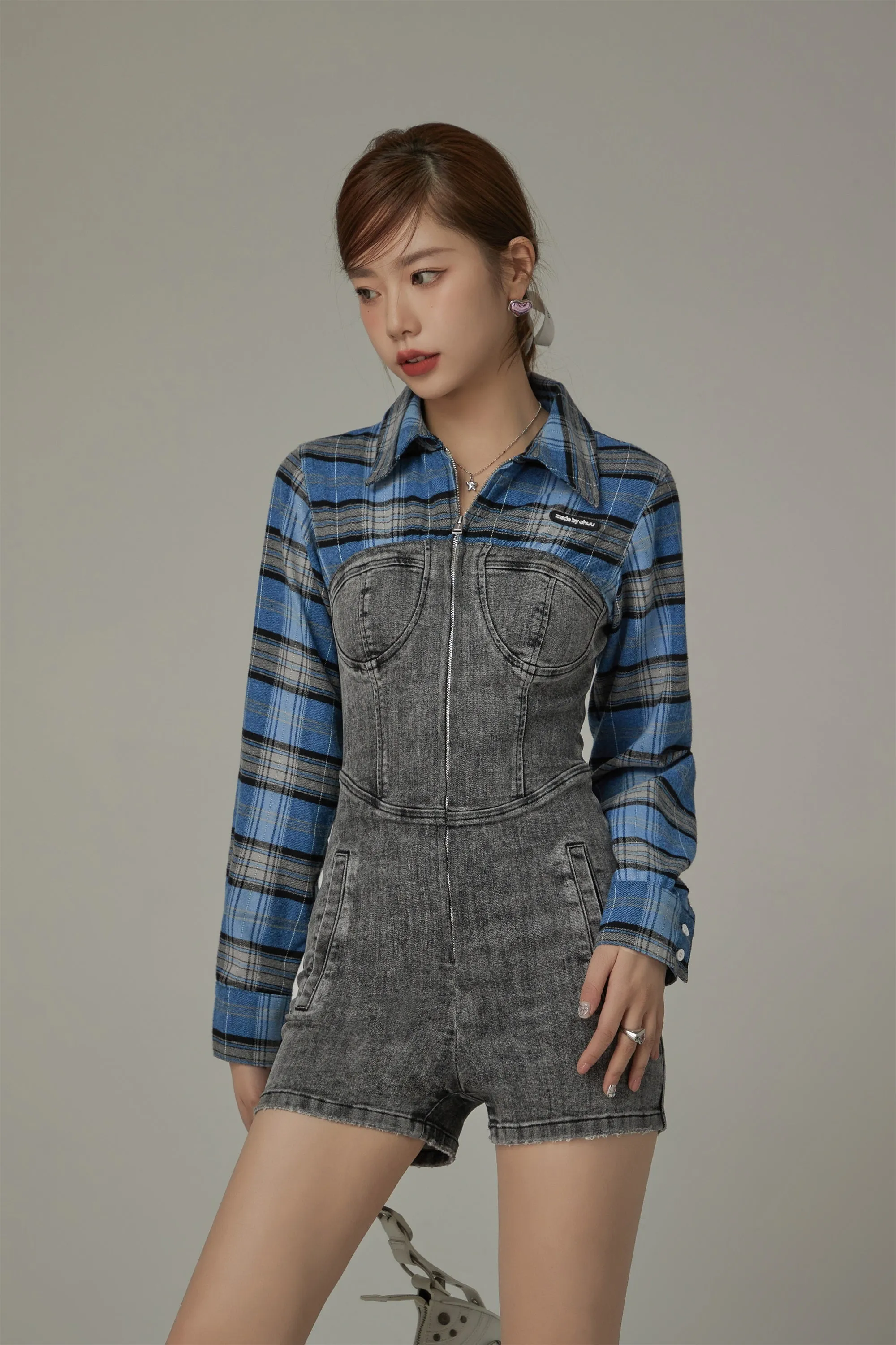 Butterfly Check Shirt Short Romper