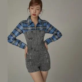 Butterfly Check Shirt Short Romper