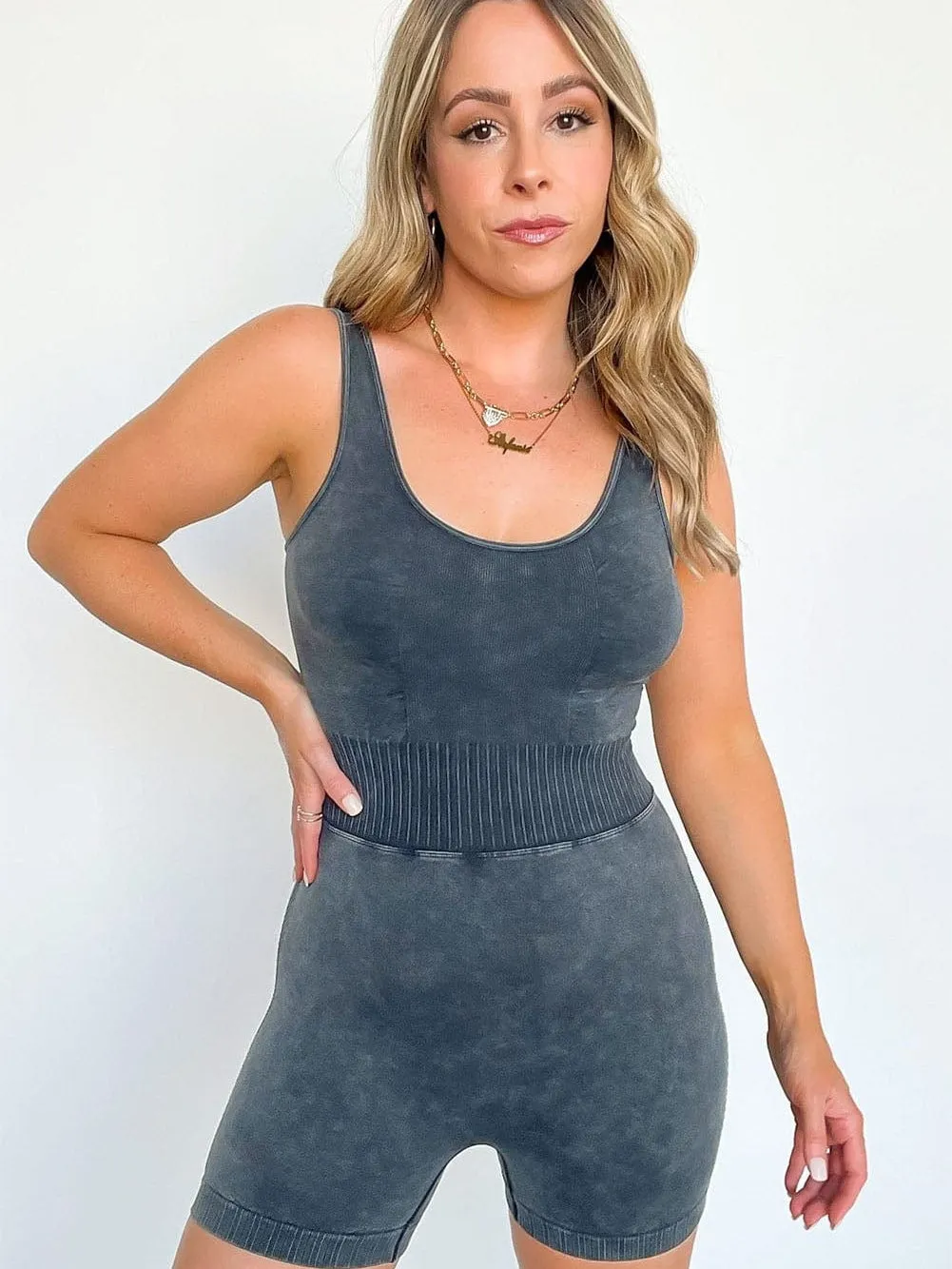 Carbon Grey Ribbed High Waist Athleisure Romper with Backless Detail