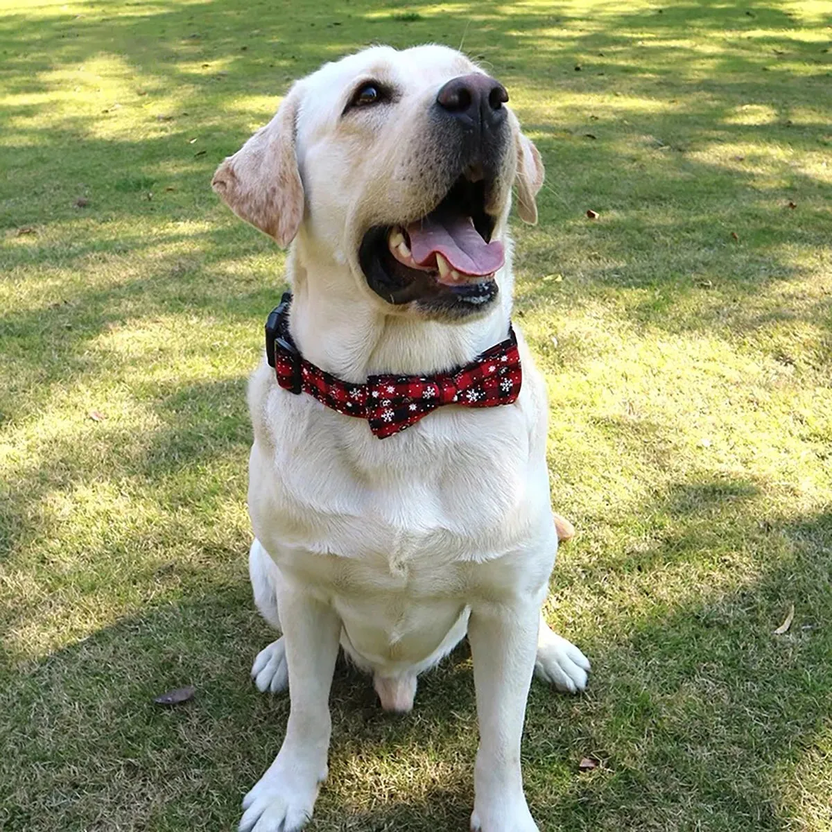 Christmas Plaid Dog Collar with Bow Tie – Adjustable Snowflake Design for Small & Large Dogs, Cats, Pets