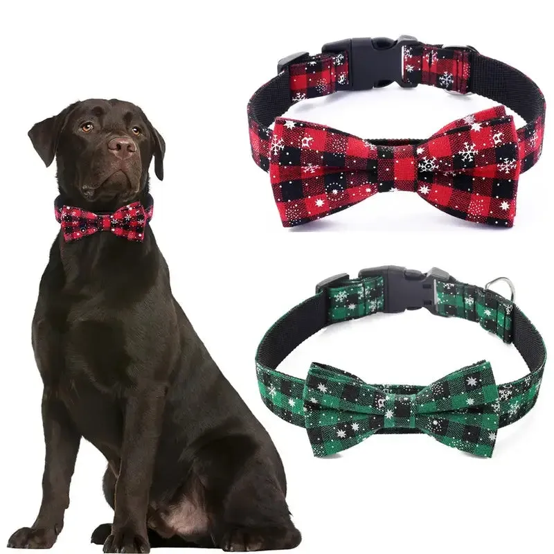 Christmas Plaid Dog Collar with Bow Tie – Adjustable Snowflake Design for Small & Large Dogs, Cats, Pets