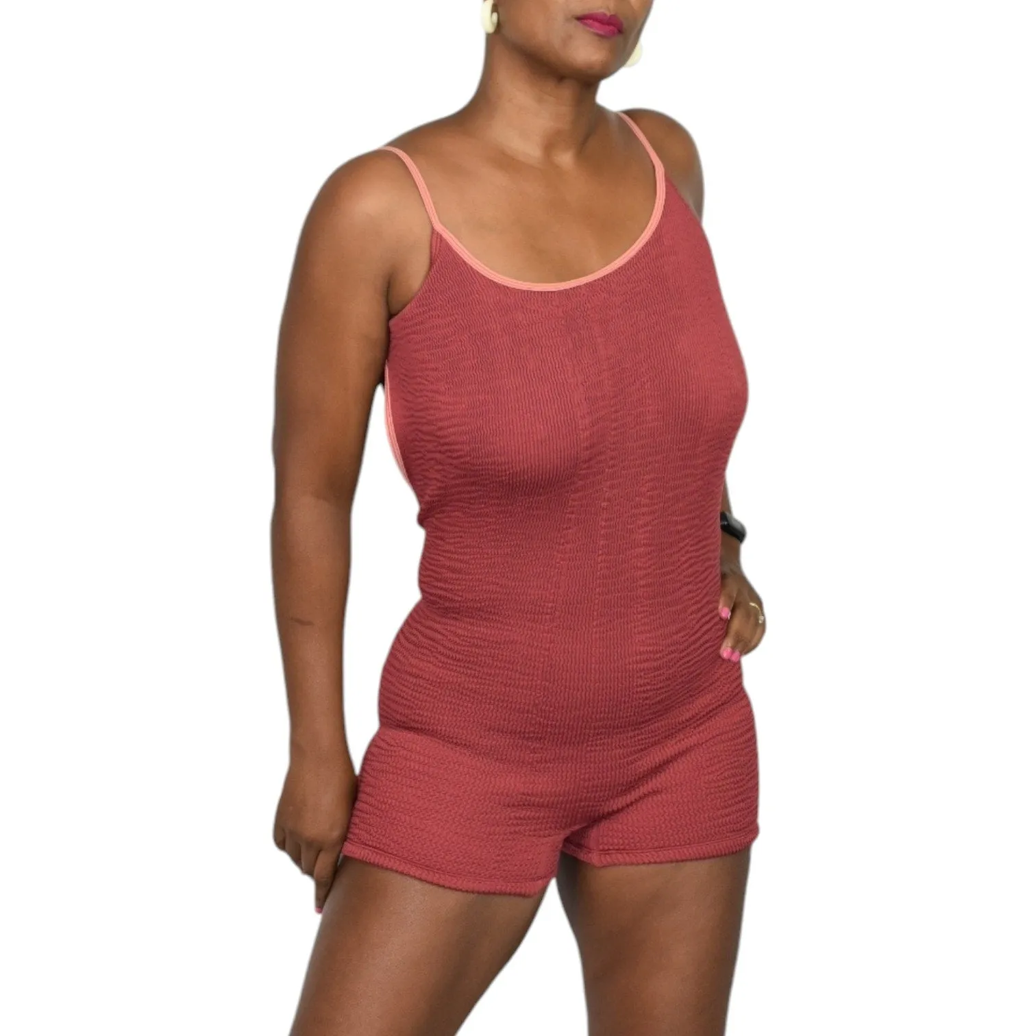 Cleonie Lakeshore Swimsuit Romper Red Rhubarb One Piece Crinkled Low Back Scoop Neck One Size