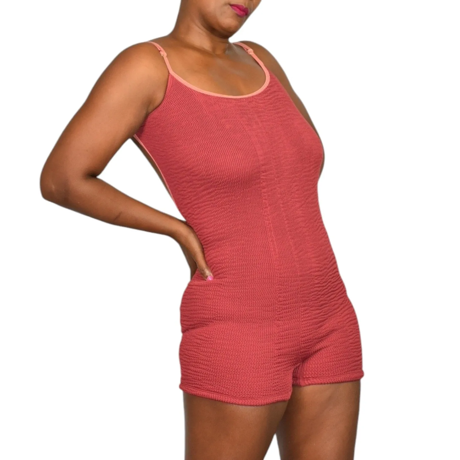 Cleonie Lakeshore Swimsuit Romper Red Rhubarb One Piece Crinkled Low Back Scoop Neck One Size