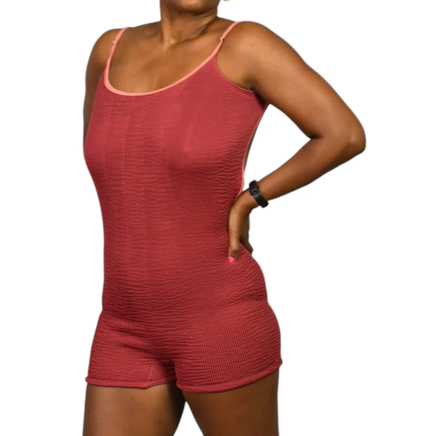 Cleonie Lakeshore Swimsuit Romper Red Rhubarb One Piece Crinkled Low Back Scoop Neck One Size