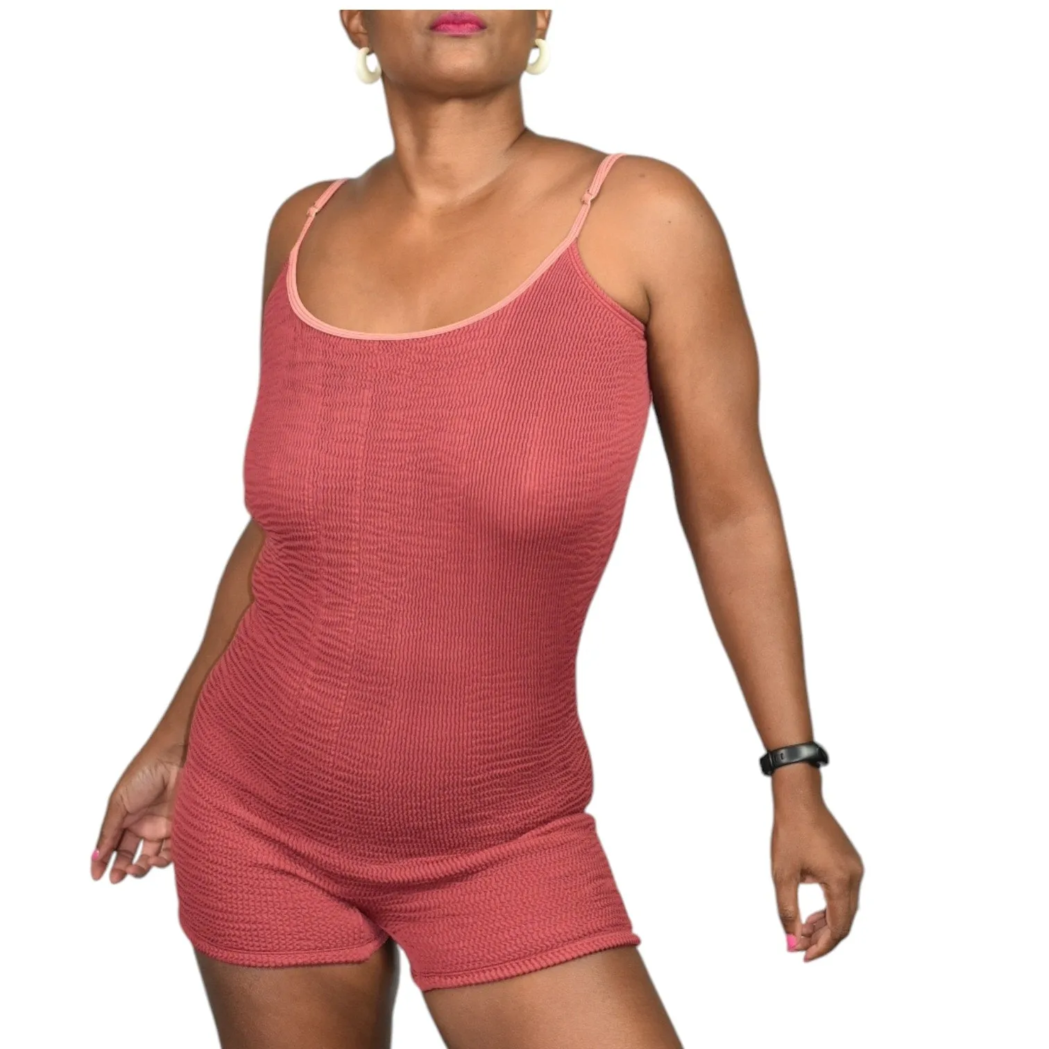 Cleonie Lakeshore Swimsuit Romper Red Rhubarb One Piece Crinkled Low Back Scoop Neck One Size