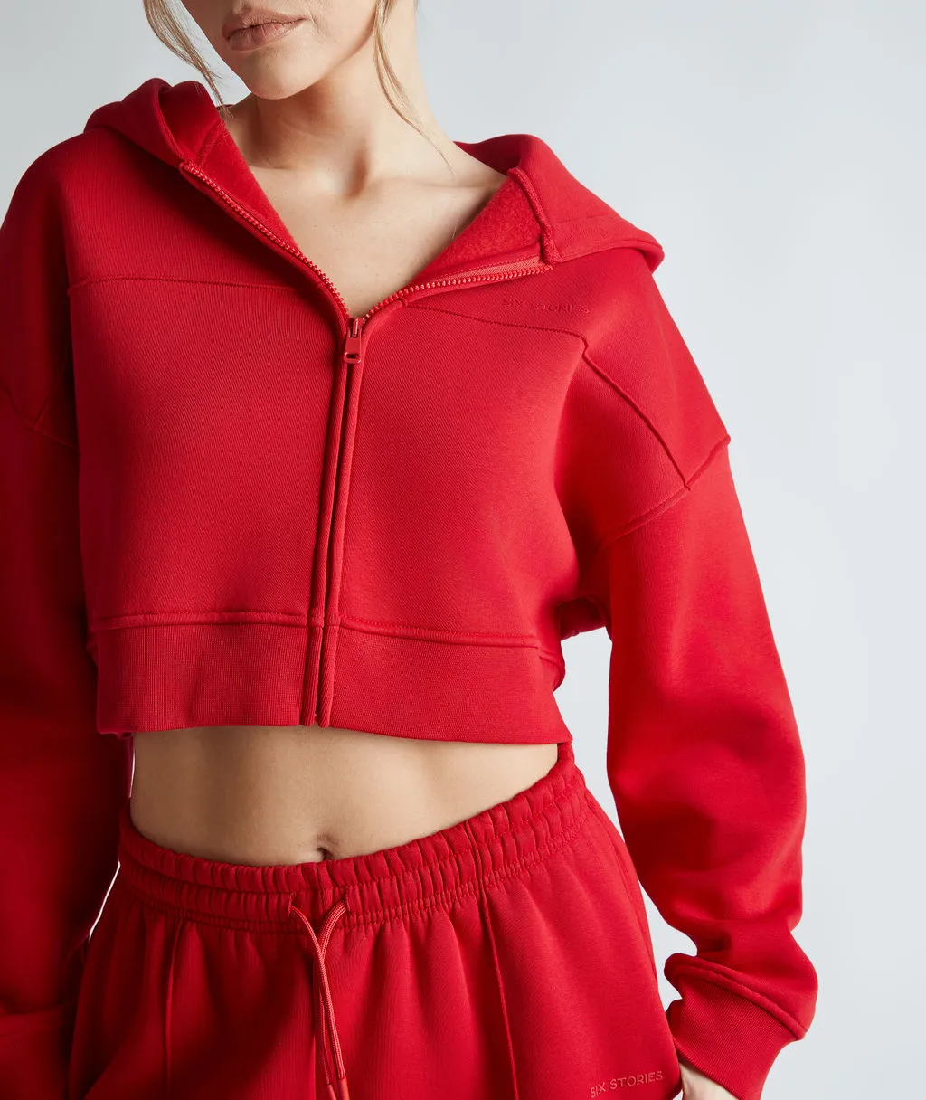 Cropped Zip Through Hoodie - Red