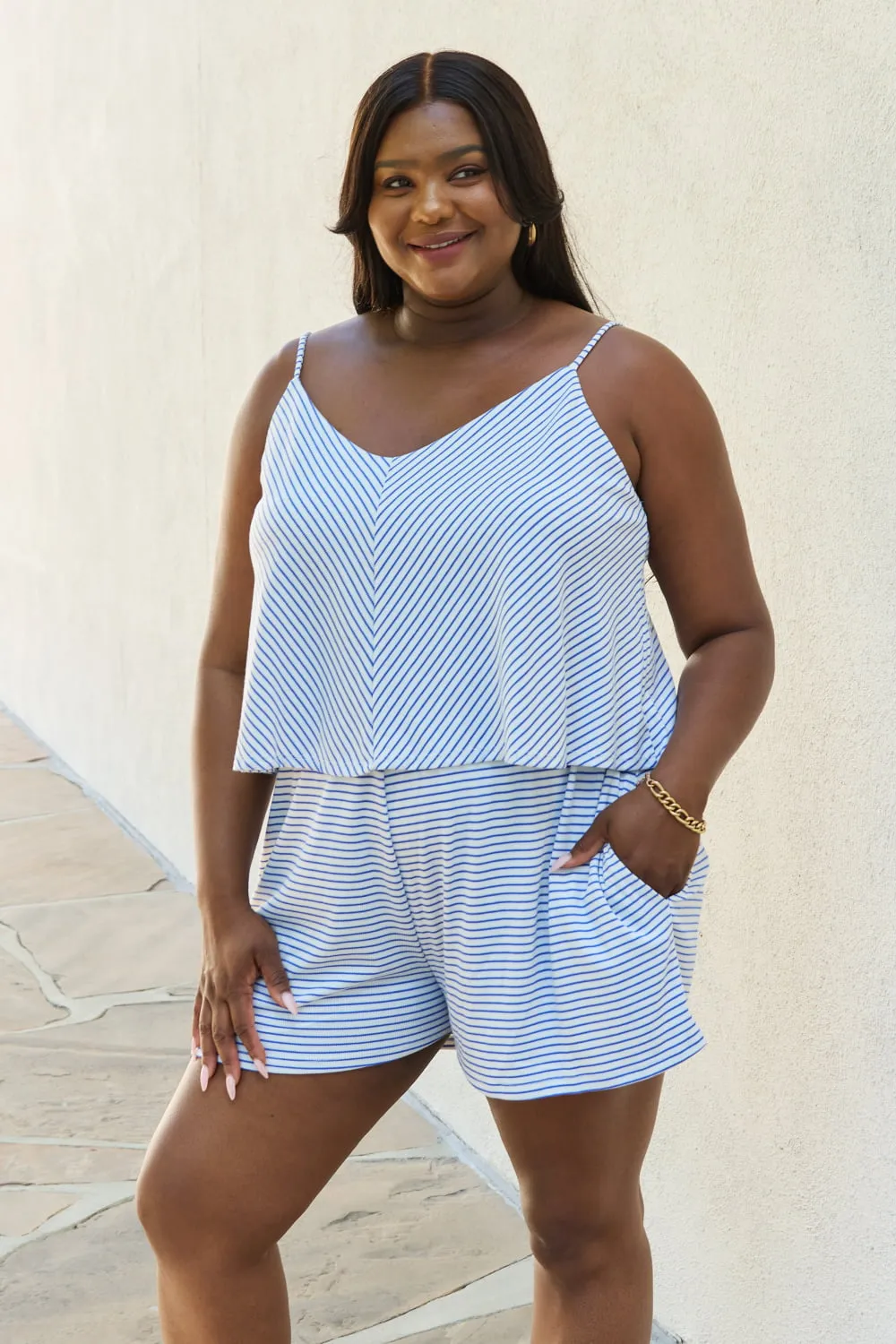 Double Flare Striped Romper in Cobalt Blue