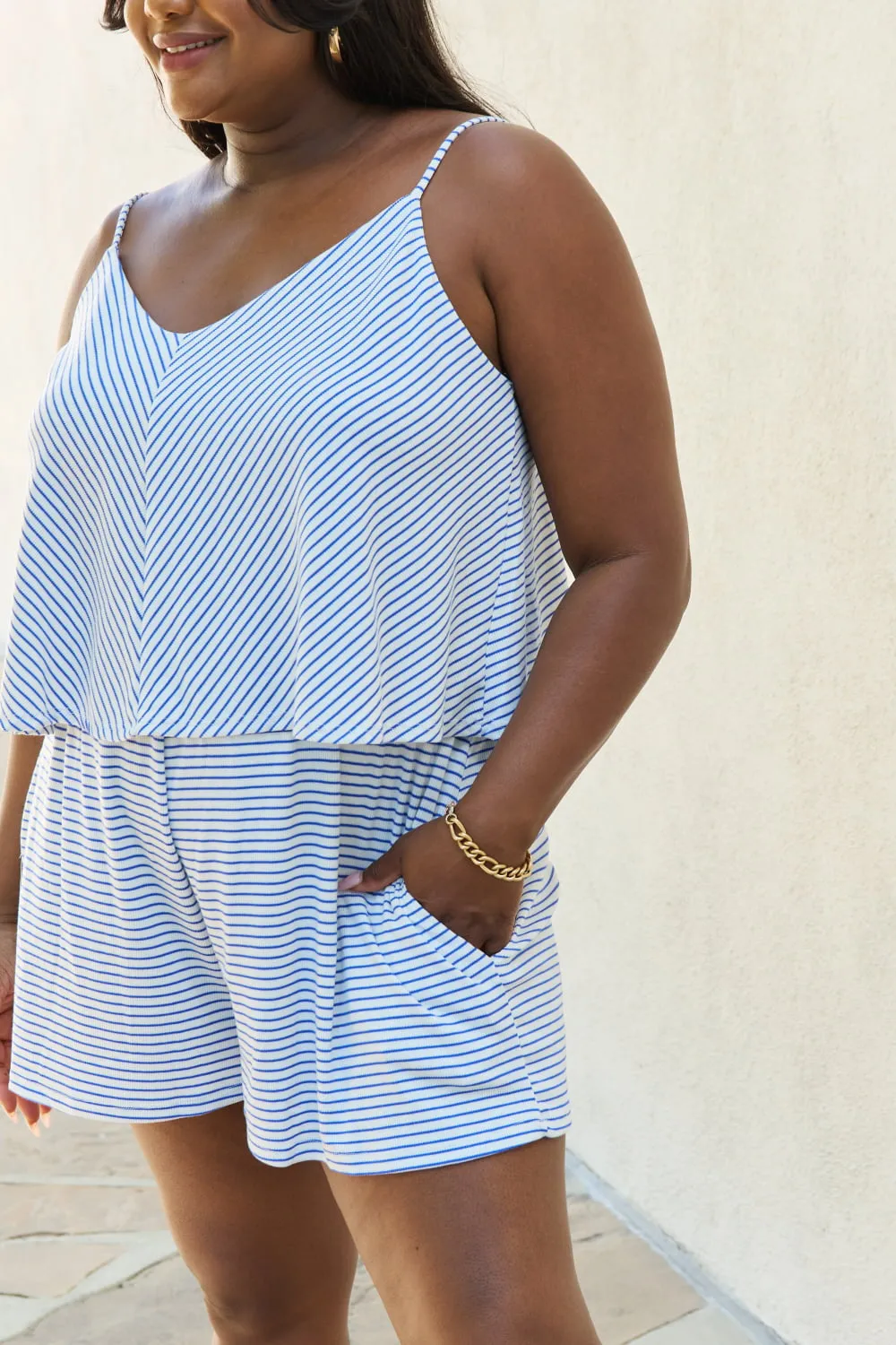 Double Flare Striped Romper in Cobalt Blue