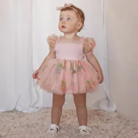 Embroidered Floral Tulle Dress Special Occasion, First Birthday Baby Romper, Cake Smash Outfit Girl