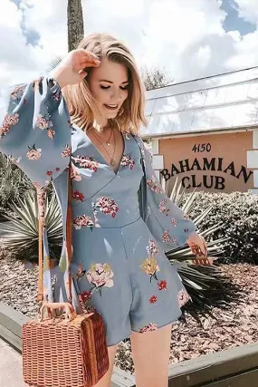 Emilia Blue Print Puff Sleeve Romper