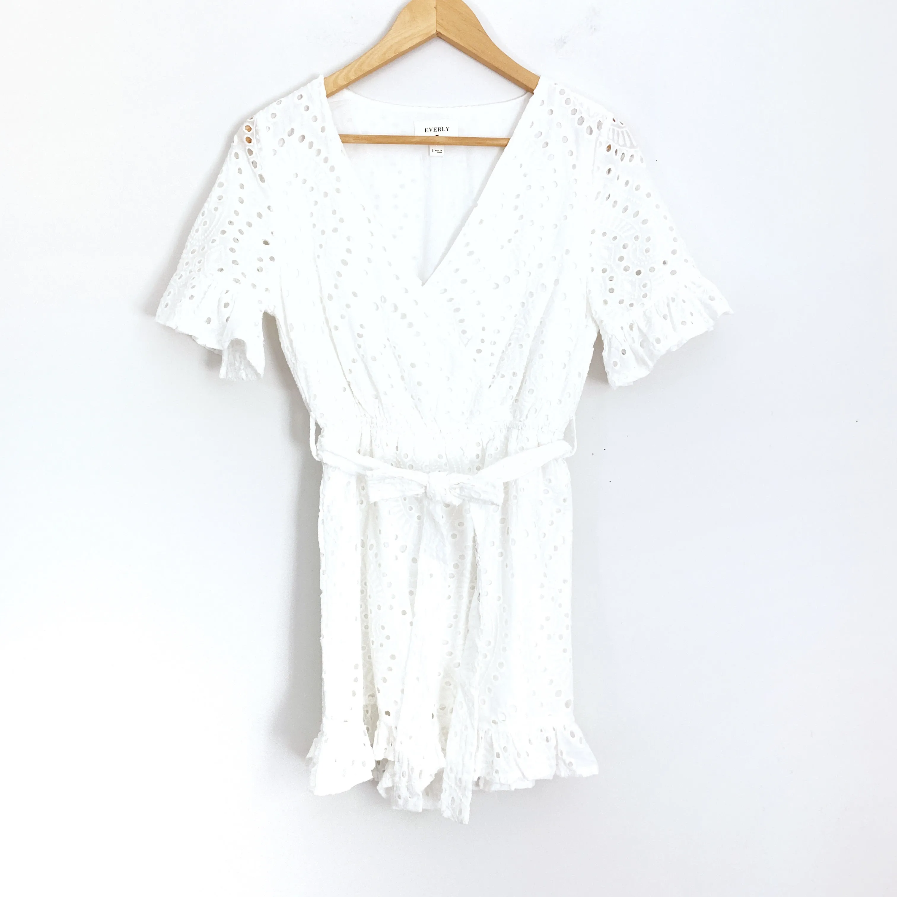 Everly White Eyelet Tie Waist Romper- Size S