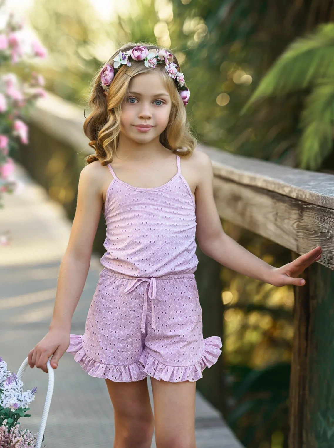 Eyelet Angel Drawstring Ruffle Romper