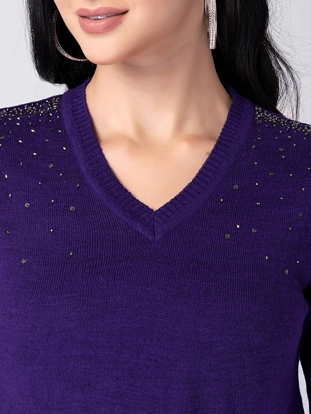 FabAlley Women's Acrylic V-Neck Sweater (SWT00398_Purple_M)