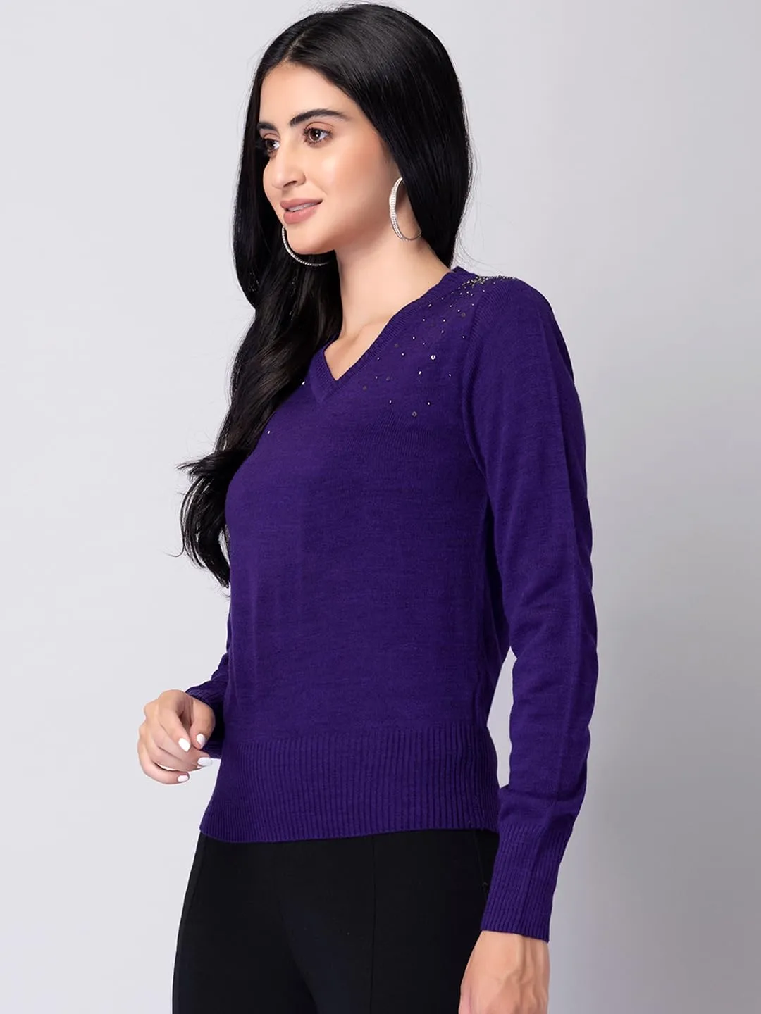 FabAlley Women's Acrylic V-Neck Sweater (SWT00398_Purple_M)