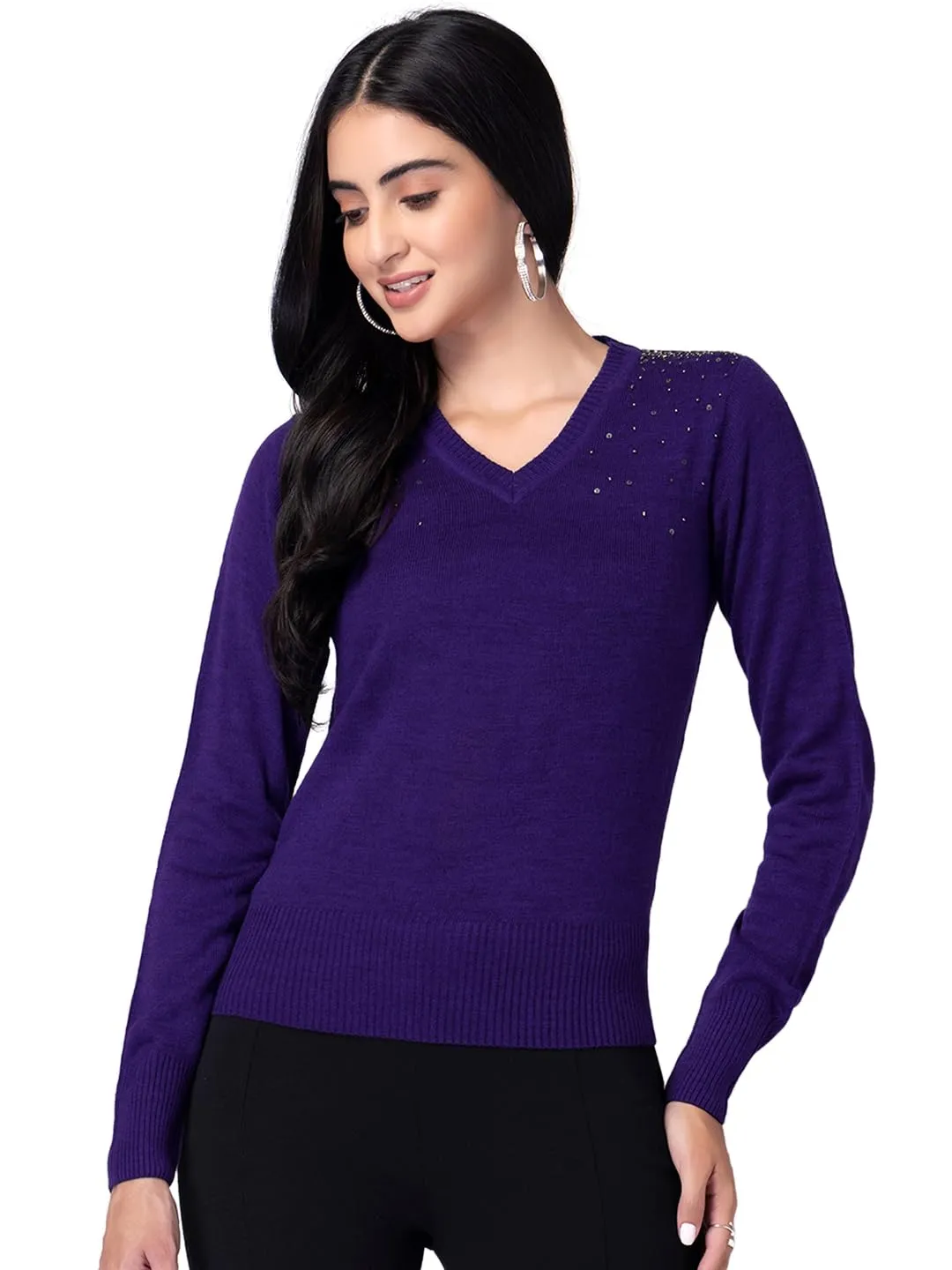 FabAlley Women's Acrylic V-Neck Sweater (SWT00398_Purple_M)