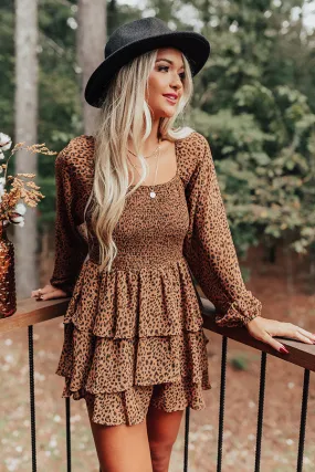 Fall On Repeat Off Shoulder Leopard Romper In Brown