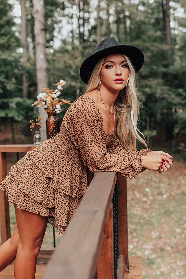 Fall On Repeat Off Shoulder Leopard Romper In Brown