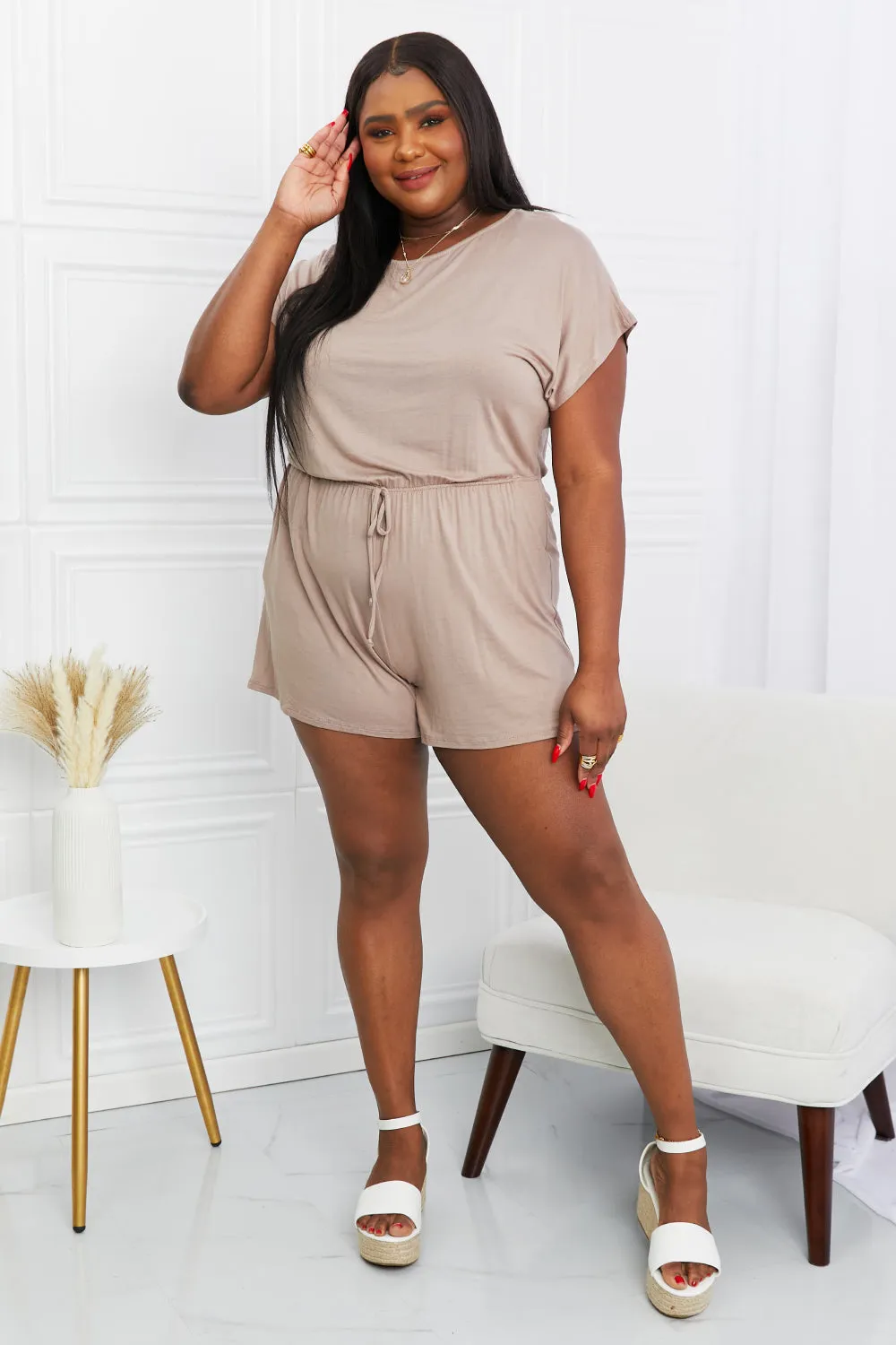 Fashion Full Size Round Neck Short Sleeve Romper with Pockets