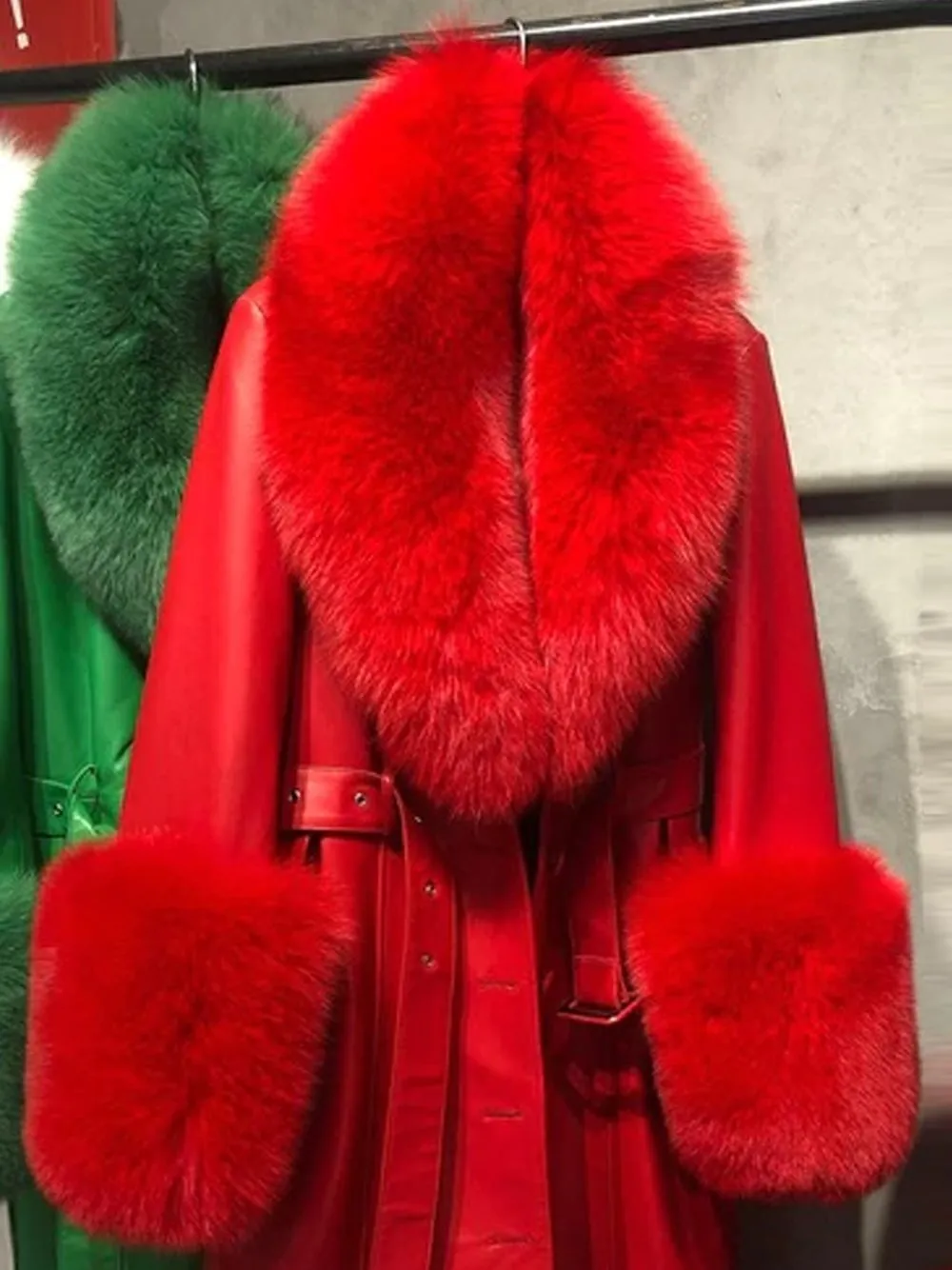 Faux Fur Genuine Leather Coat in Red