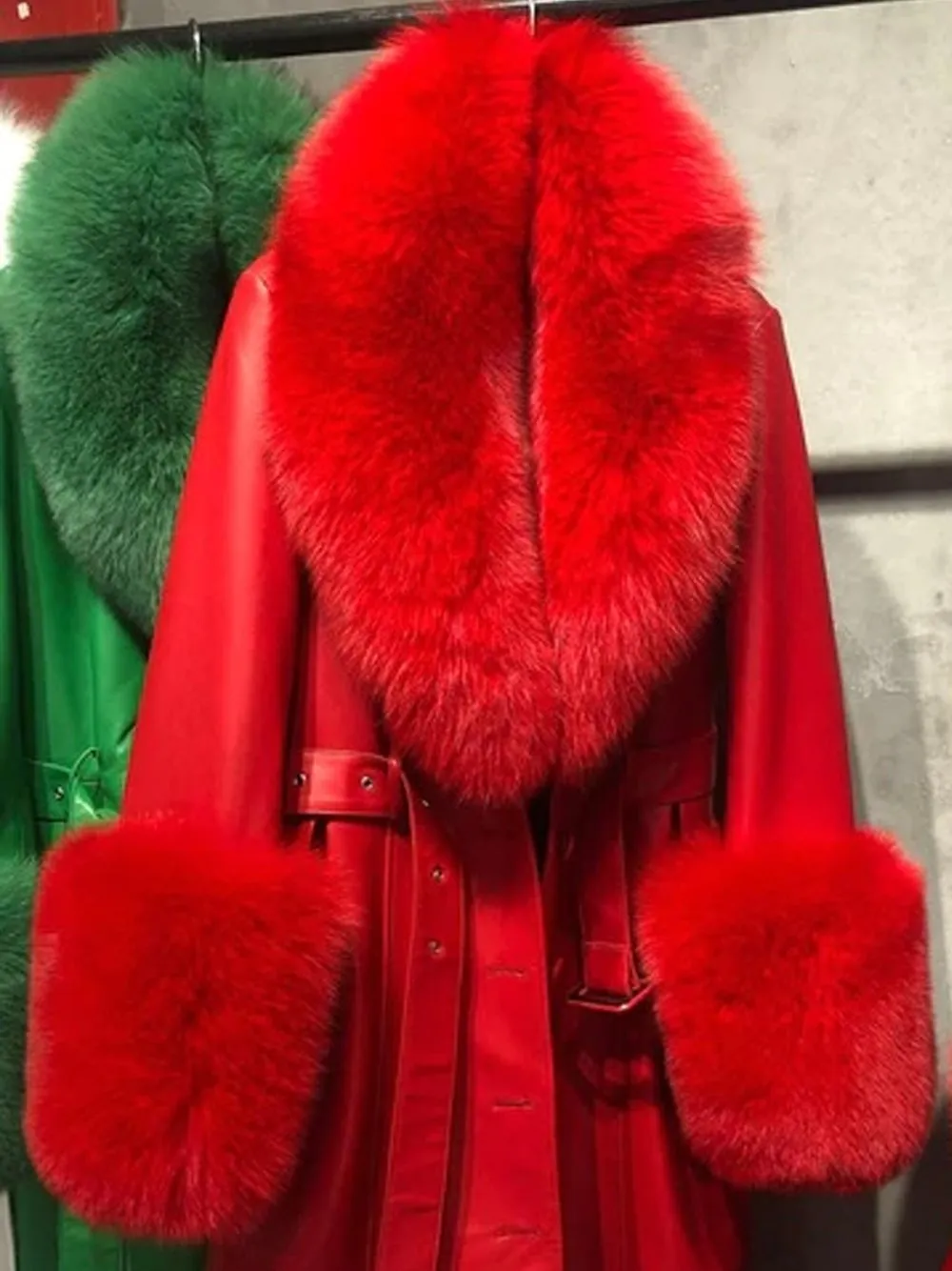 Faux Fur Genuine Leather Coat in Red