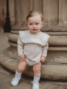 'Finn' beige & white knitted romper with sailor collar