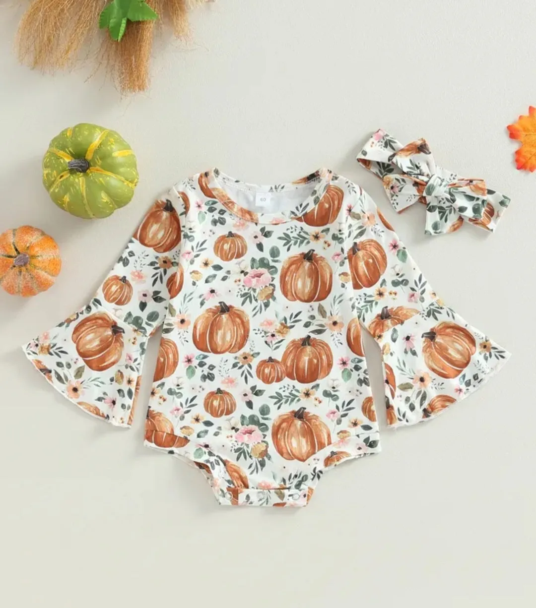 Floral Pumpkin Romper with Bell Sleeves and Headband #1001186