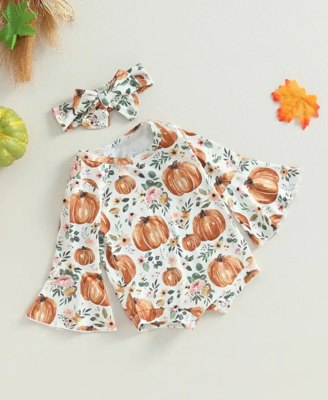 Floral Pumpkin Romper with Bell Sleeves and Headband #1001186