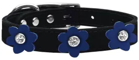 Flower Leather Collar Black With Blue Flowers Size 24