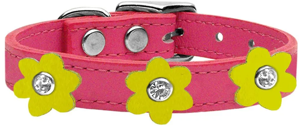 Flower Leather Collar Pink With Yellow Flowers Size 18