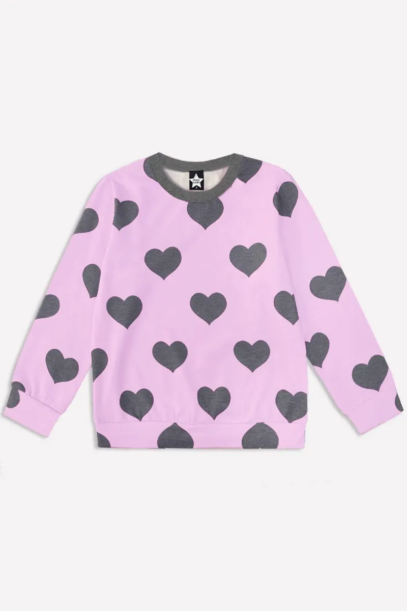 French Terry Long Sleeve Crew Sweatshirt - Pink Lilac Charcoal Hearts