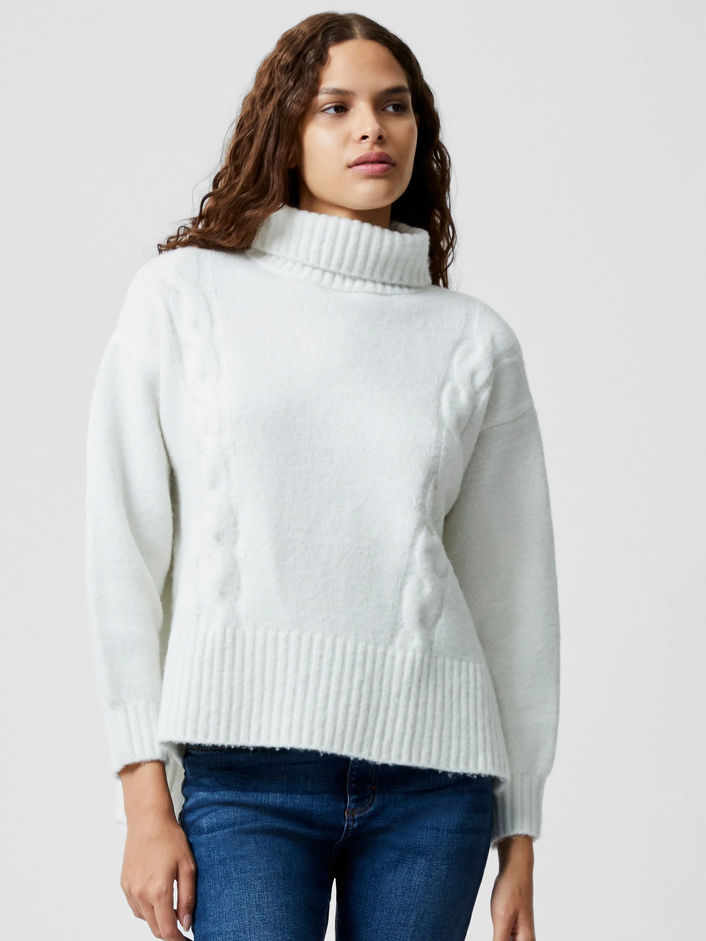 Funnel Neck Stepped Hem Cable Knit Jumper