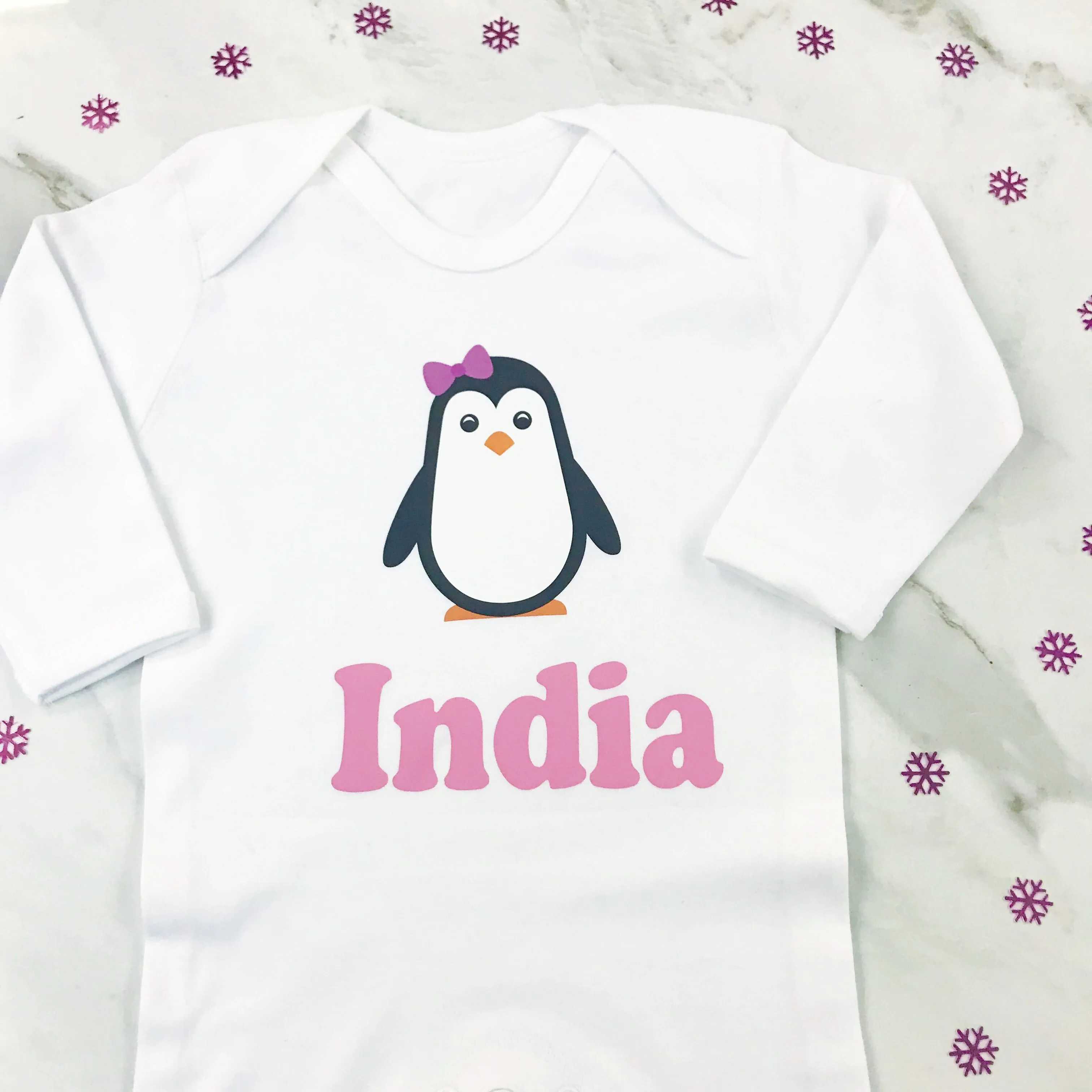 Girls Christmas Eve Personalised Penelope Penguin Baby Romper Suit