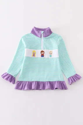 Green stripe princess embroidery girl pullover