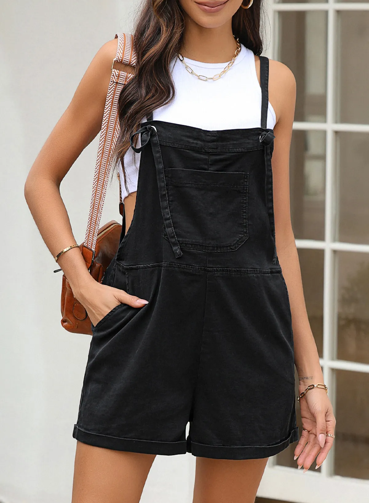 Grommet Tie Straps Casual Denim Romper