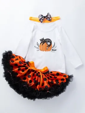 Halloween 3-Pieces Set Pumpkin Romper Bow Polka Dots Tulle Skirt  Headband