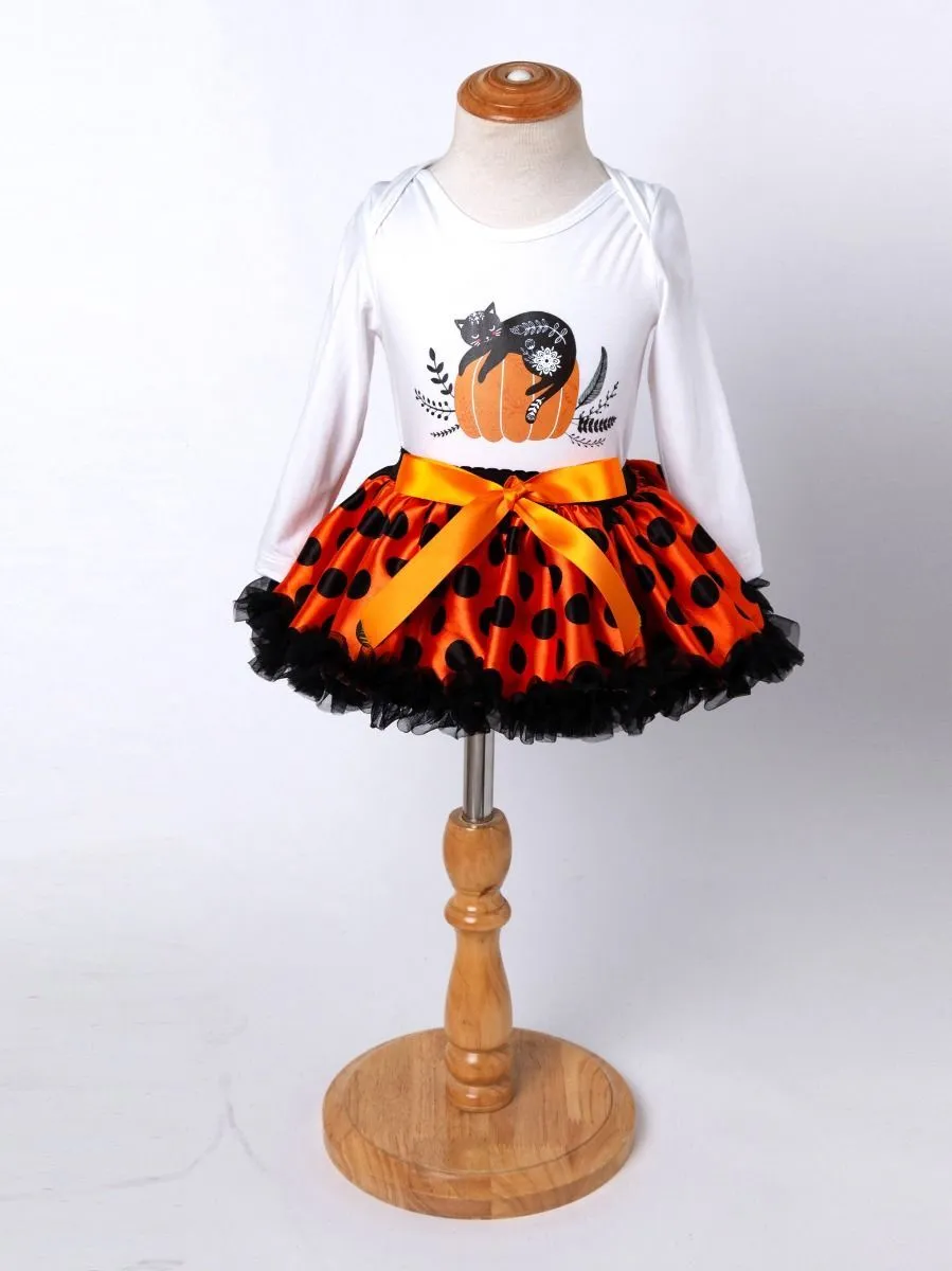 Halloween 3-Pieces Set Pumpkin Romper Bow Polka Dots Tulle Skirt  Headband