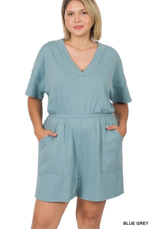 Hi Curvy Plus Size Women Drop Shoulder V-Neck Romper with Pockets